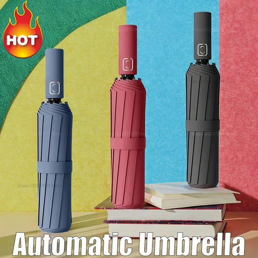 2025 Novo guarda-chuva automático dobrável – À prova de vento e chuva, com proteção solar UV – Estrutura em fibra de vidro resistente – Compacto e ideal para viagens