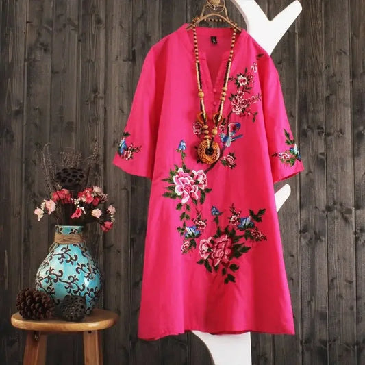 Vestido bordado feminino, Saia solta de manga curta, Vestidos verão