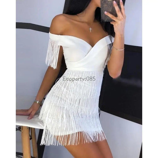 Mulheres vestidos de noite sexy grande decote em v um ombro franjas saia senhoras temperamento vestido fino manga curta clube vestido vestidos