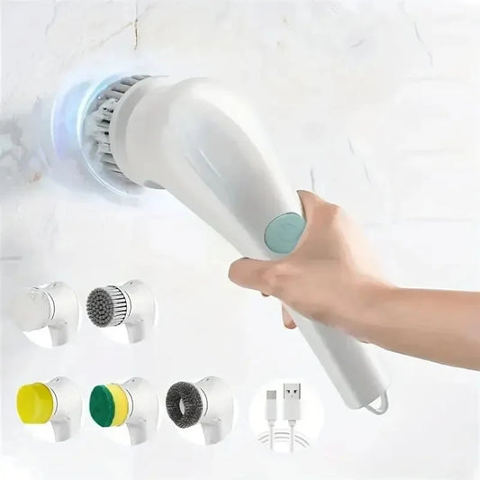 Escova de limpeza multifuncional branca – 5 cabeças intercambiáveis – Escova elétrica para casa, cozinha e banheiro
